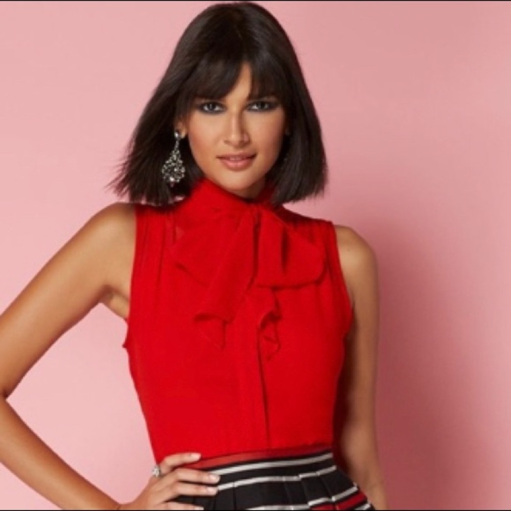 NWT New York & Company Red Isabella Bow Blouse Eva Mendes Collection M $50